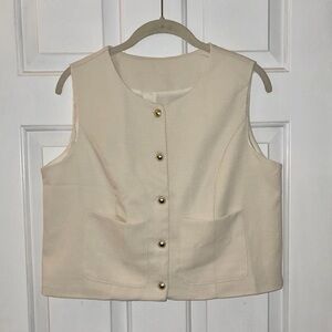 Cream Gold Button Up Sleeveless Vest Top W/ Pockets